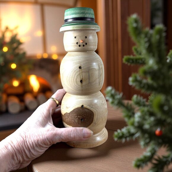 Hand-Turned Ash Wood Snowman, Signed RKU, Lathe Art Holiday Decor Natural Rustic - Picture 1 of 5